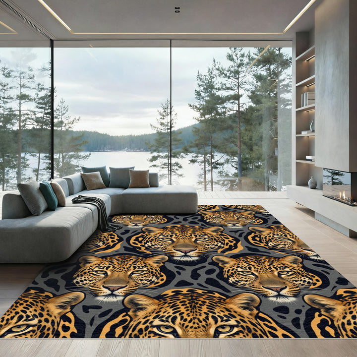 Leopard Faces Gray Abstract Background Rug