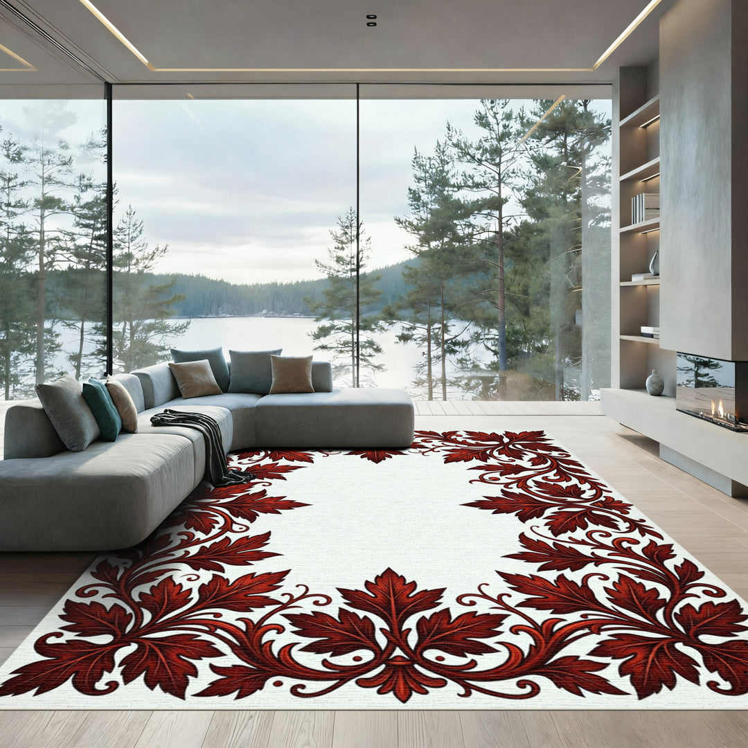 Crimson Red Acanthus Leaf Border Rug