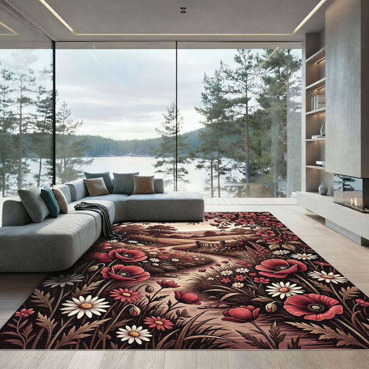 Romantic Red Poppy Meadow Landscape Rug