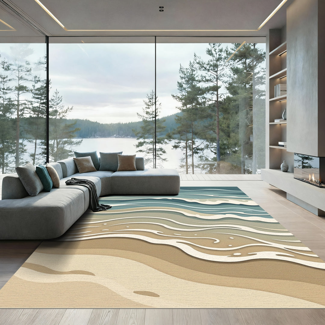 Serene Ocean Waves Sand Beach Ripples Rug