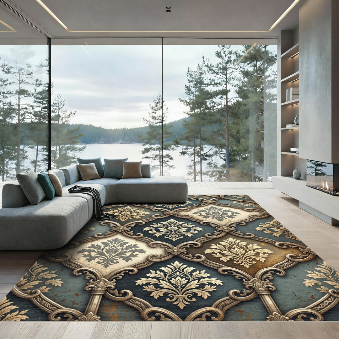 Ornate Gold Sevres Damask Scroll Rug
