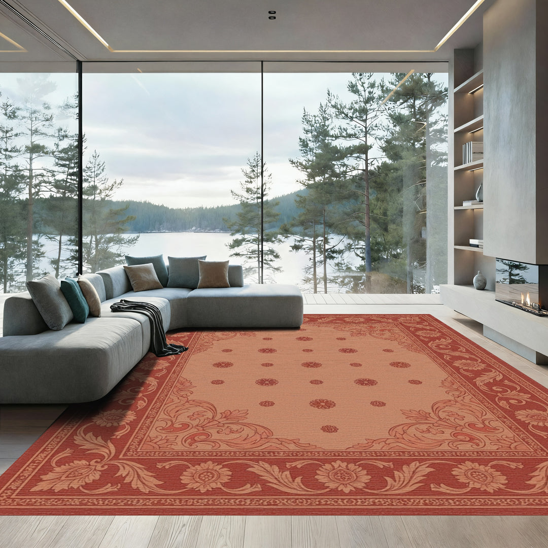 Terracotta Red Floral Scroll Border Rug