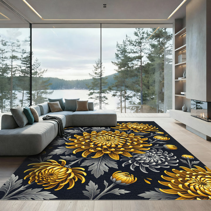 Golden Chrysanthemum Floral Art Rug