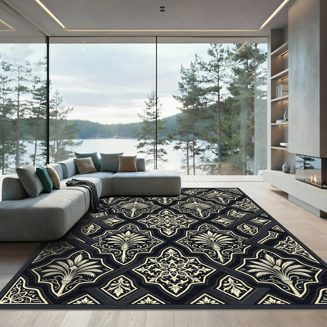 Golden Black Floral Lattice Medallion Rug