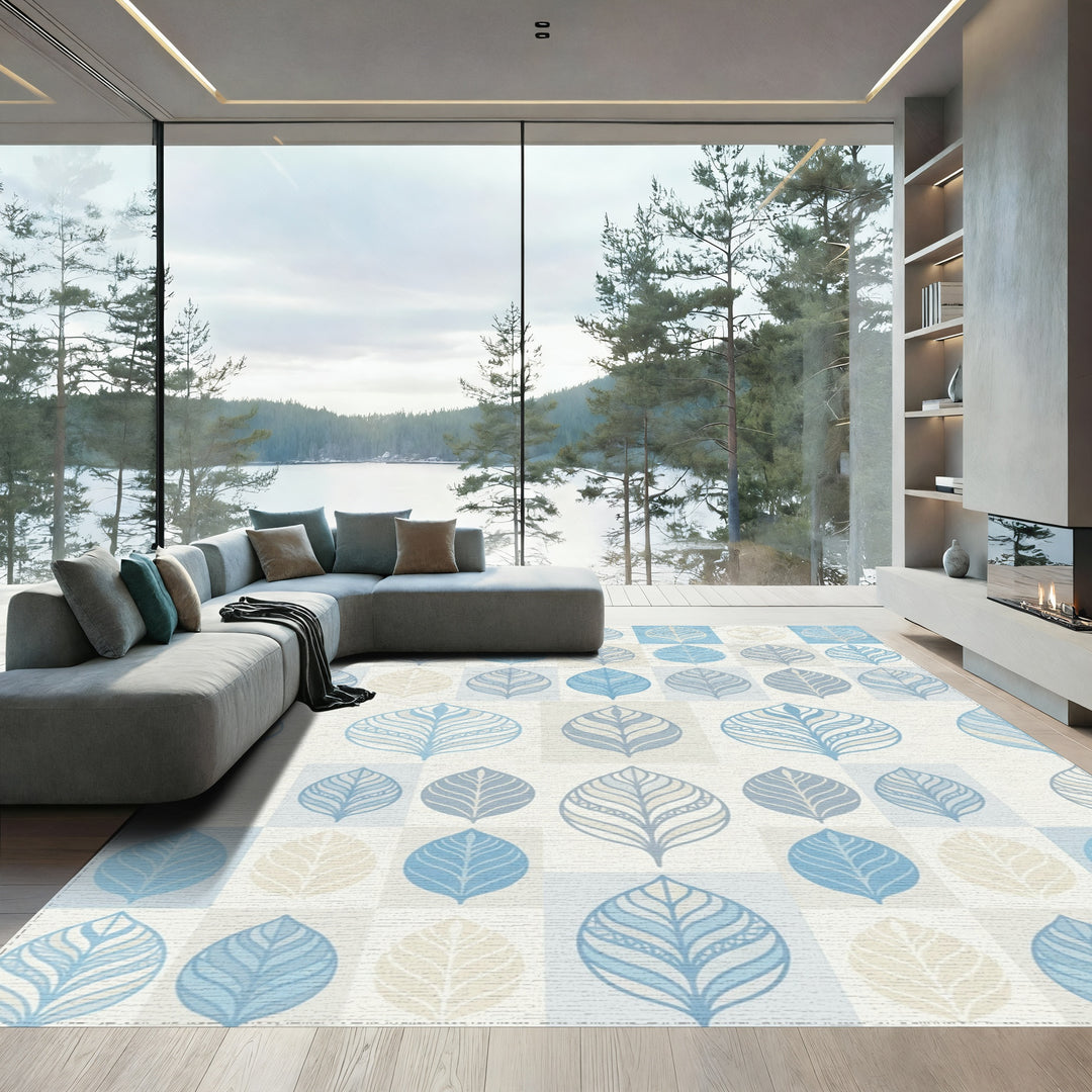 Soft Blue Leaf Botanical Squares Rug