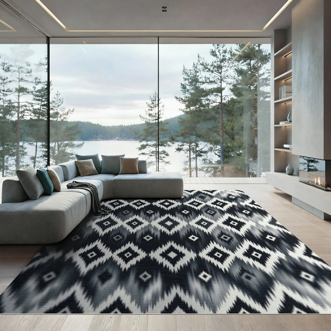 Tribal Diamond Geometric Black White Rug