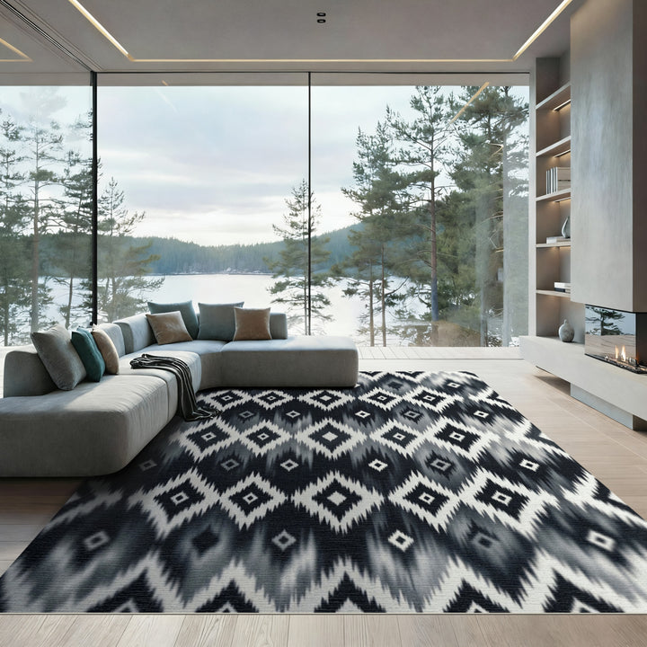 Tribal Diamond Geometric Black White Rug