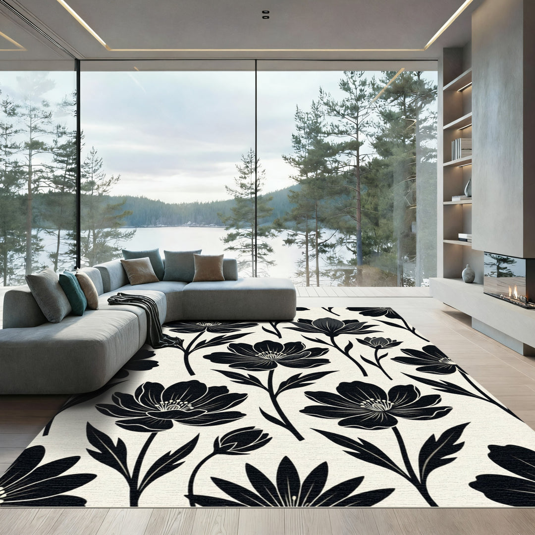 Black Anemone Floral Botanical Rug