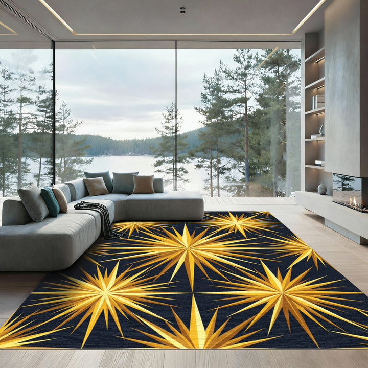 Golden Spiky Starburst Abstract Rug