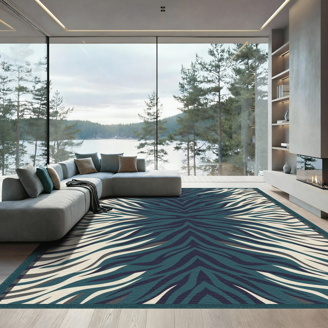 Deep Teal Zebra Stripe Symmetry Rug