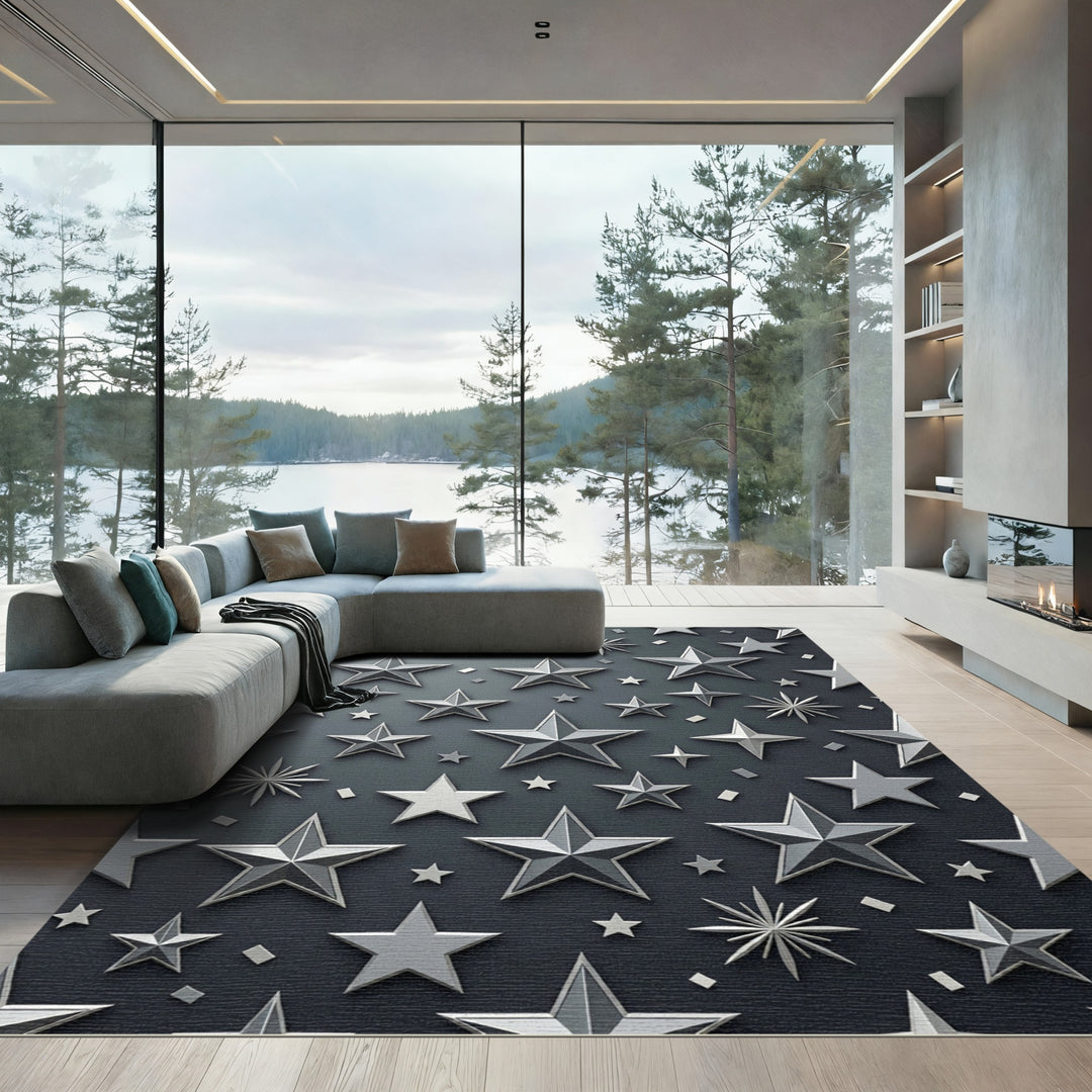Silver Chrome Stars Area Rug