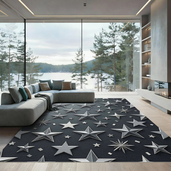Silver Chrome Stars Area Rug