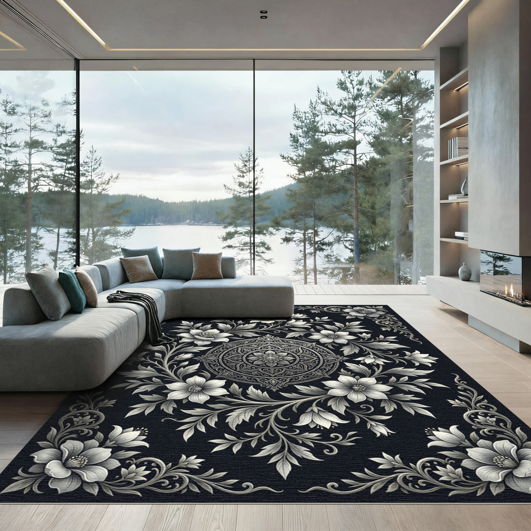 Elegant Silver Floral Medallion Rug