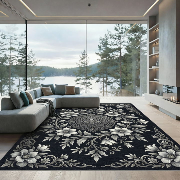 Elegant Silver Floral Medallion Rug