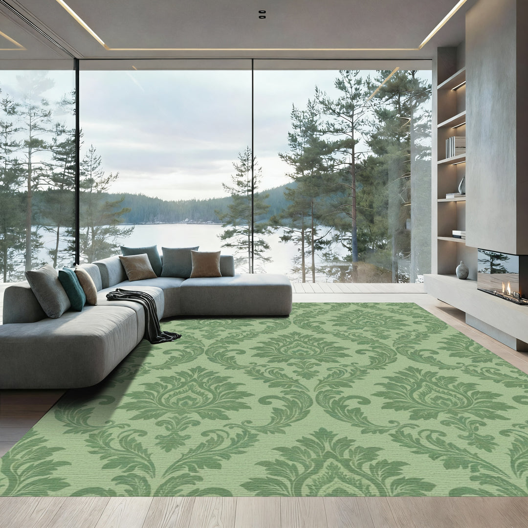 Forest Green Damask Scroll Rug