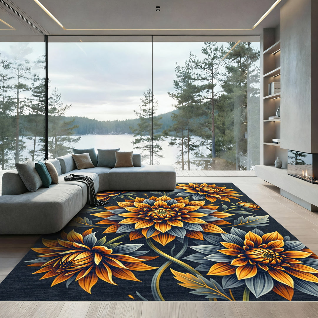 Golden Orange Chrysanthemum Bloom Rug