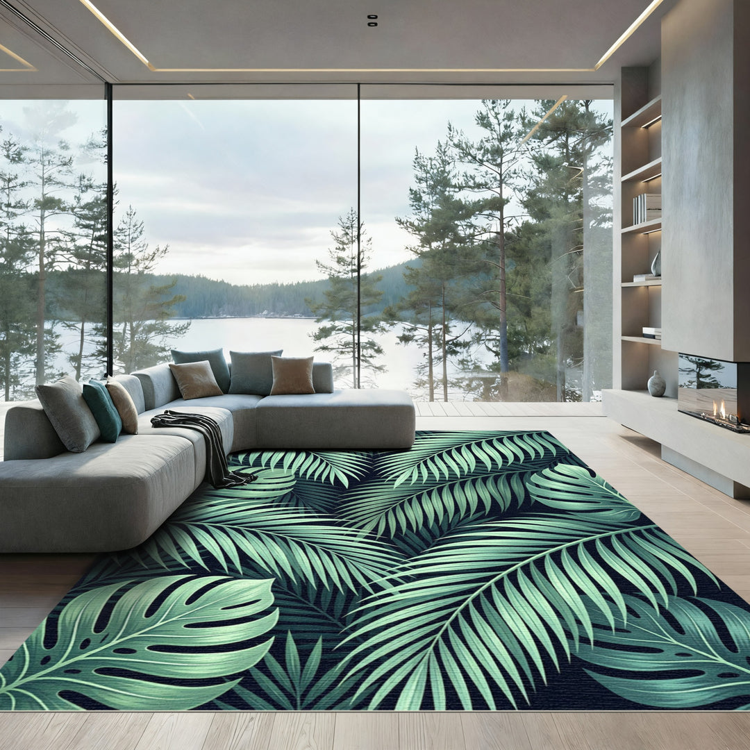 Shaded Teal Tropical Palm Leaf Rug