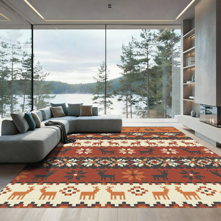 Rustic Earthy Deer Snowflake Stripes Rug