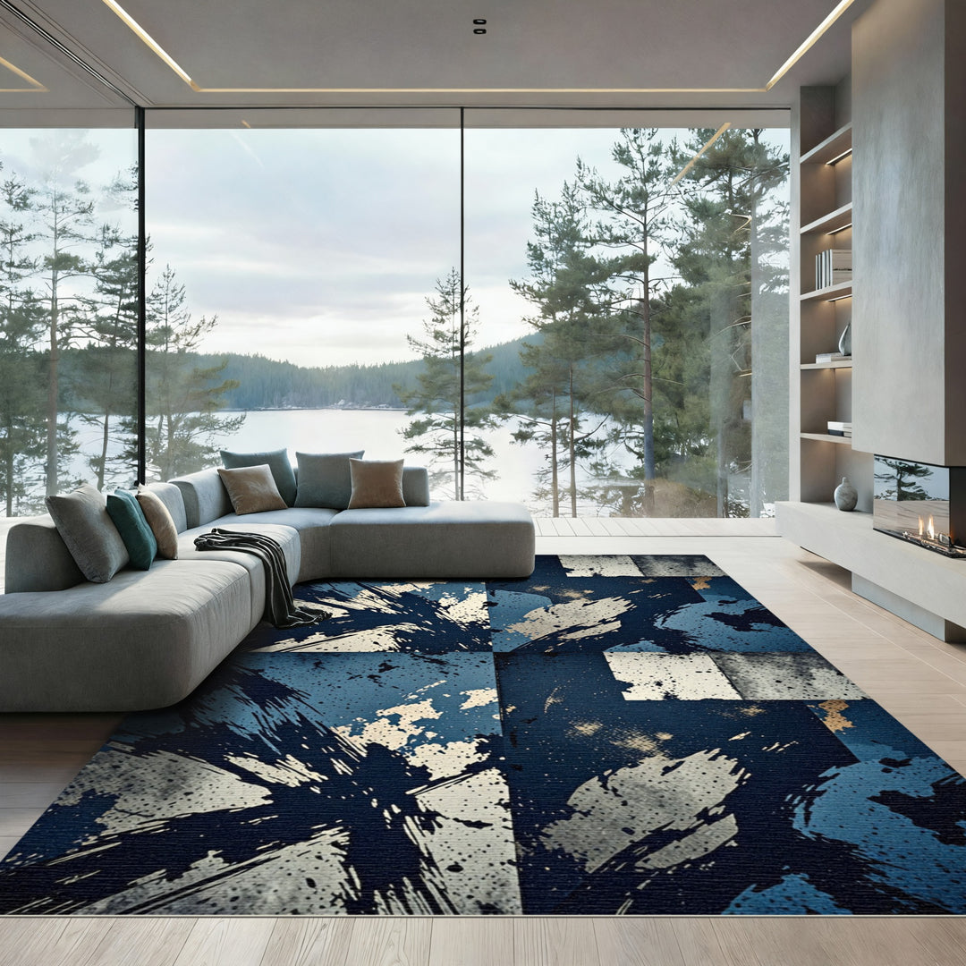 Dark Blue Splatter Abstract Composition Rug