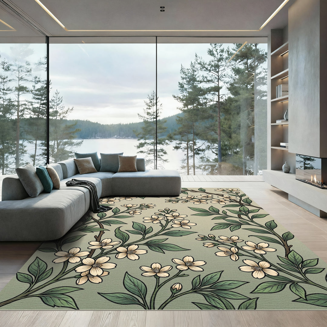 Elegant Ivory Blossom Branch Art Rug