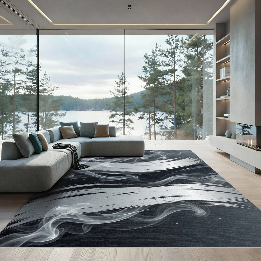 Abstract Smoke Swirl Silver Brushstroke Rug