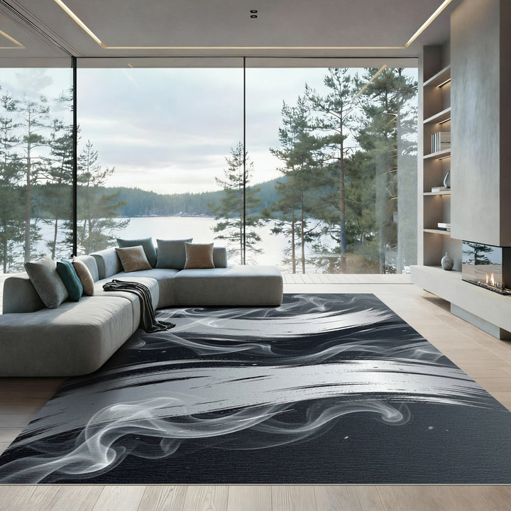 Abstract Smoke Swirl Silver Brushstroke Rug