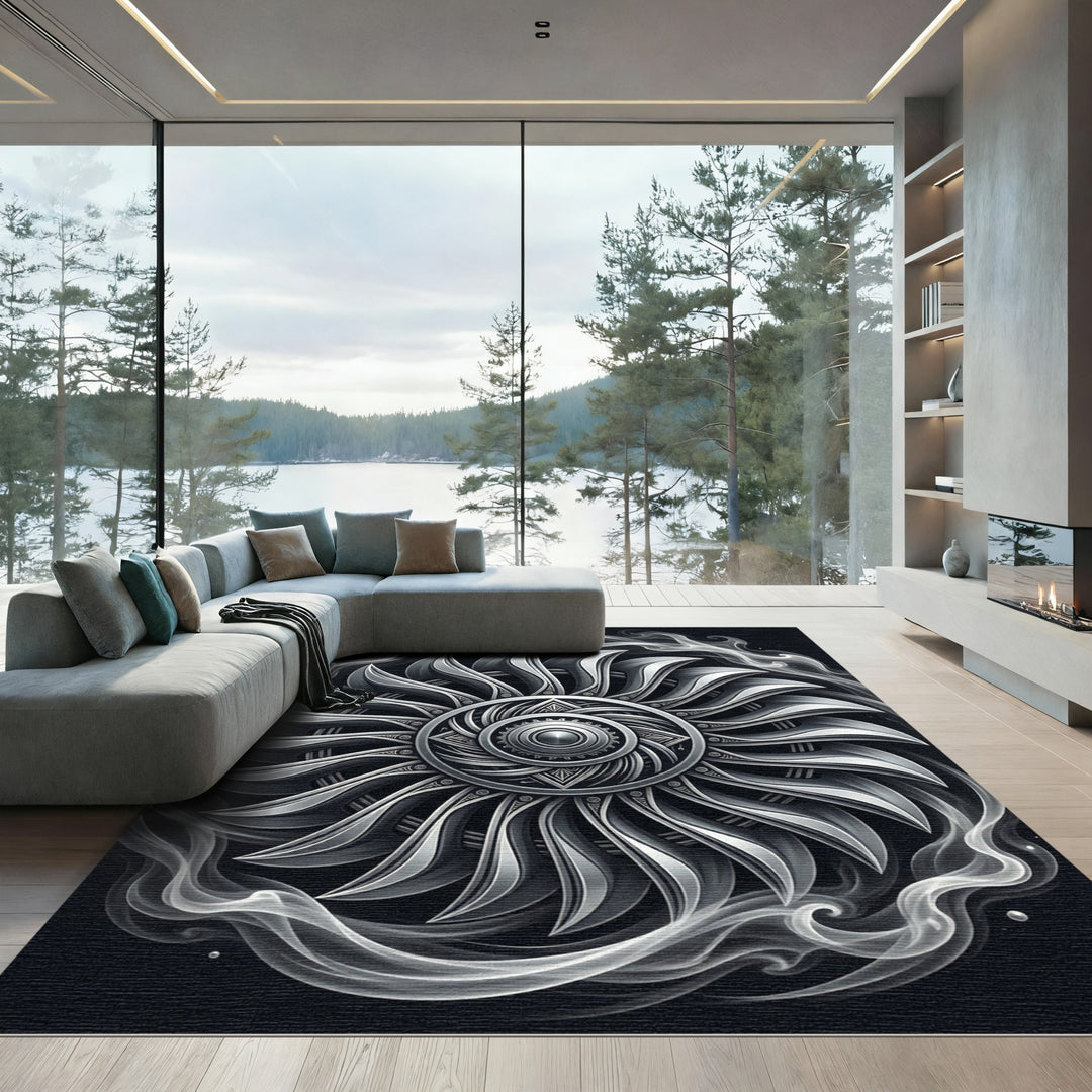 Ornate Silver Turbine Smoke Rug