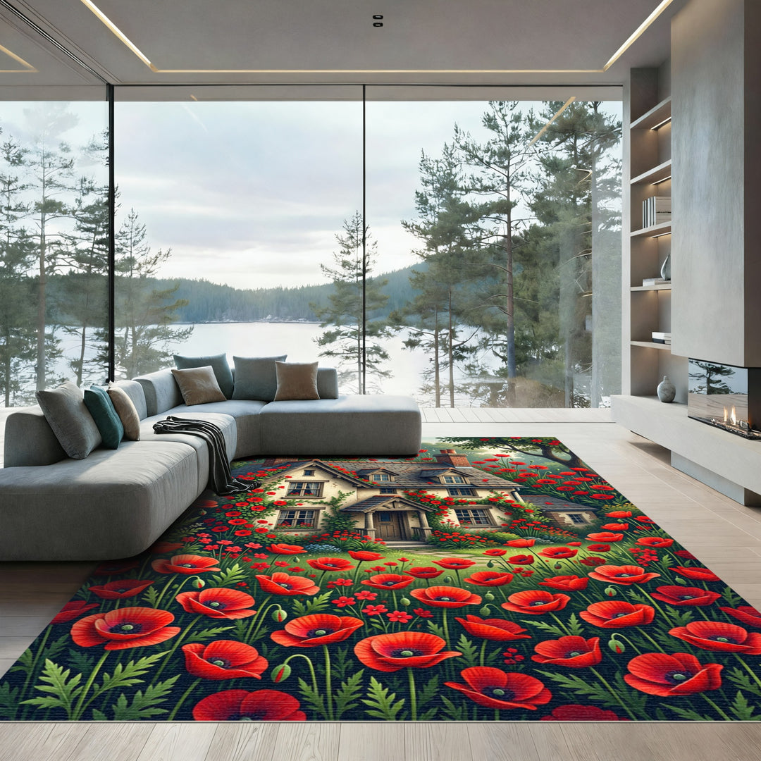 Red Poppy Garden Cottage Scene Rug