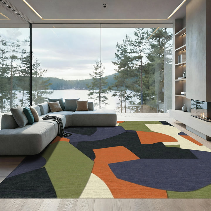 Abstract Ochre Olive Geometric Layered Rug