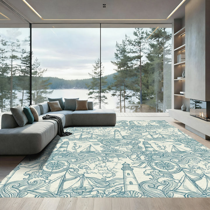 Nautical Teal Lighthouse Sailboat Compass Scenic Rug