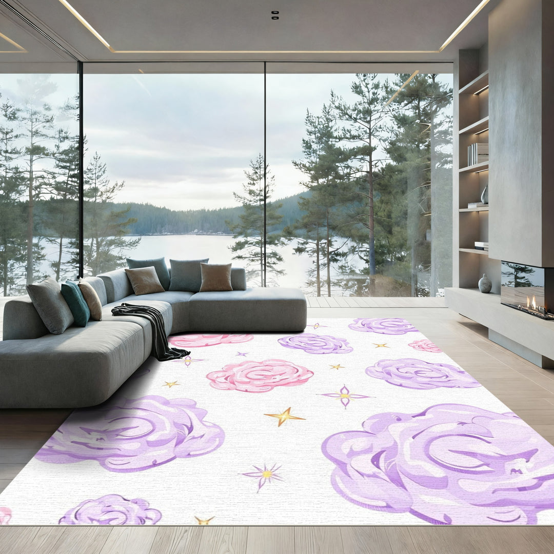 Whimsical Pink Purple Clouds Stars Rug