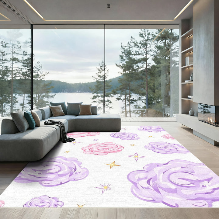 Whimsical Pink Purple Clouds Stars Rug