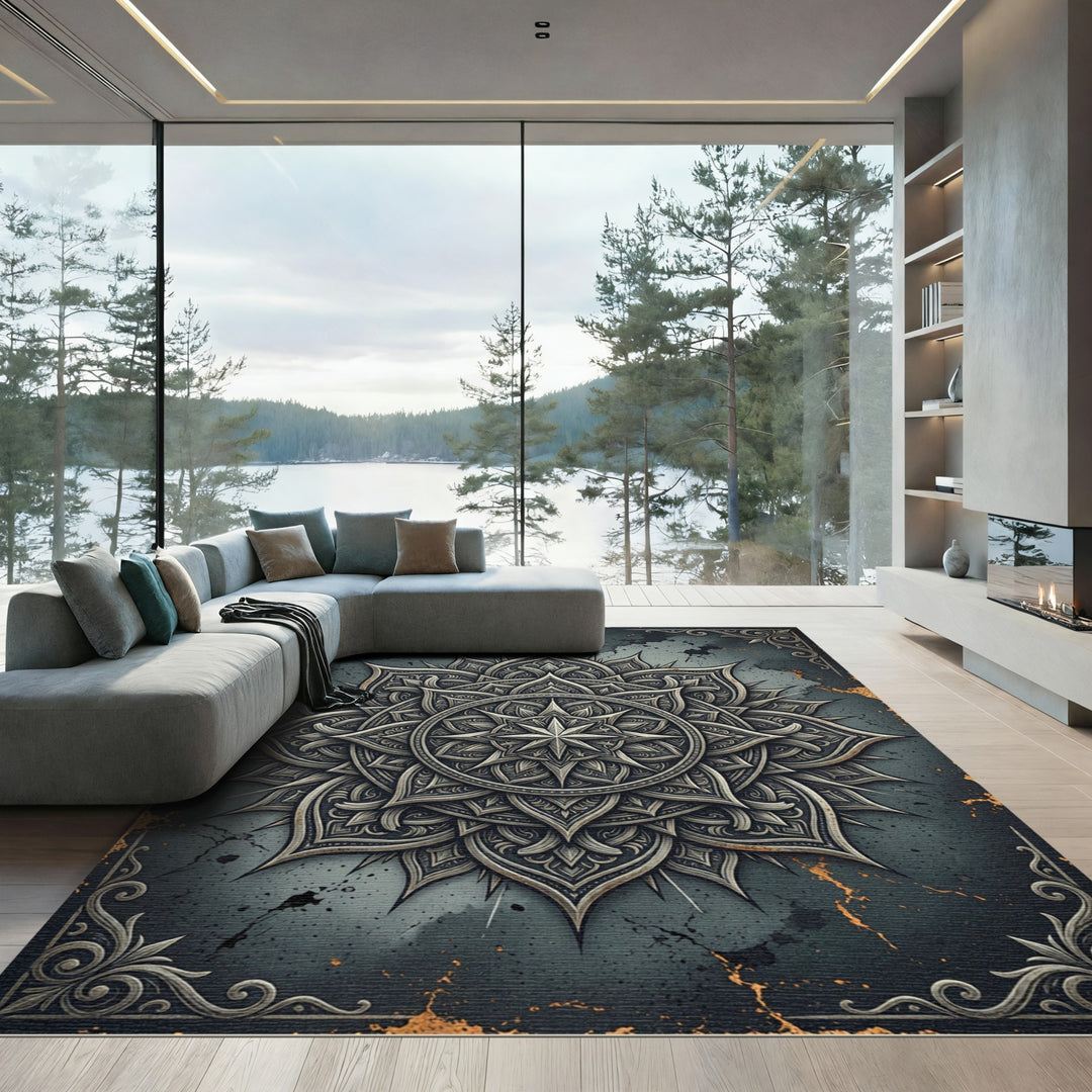 Elegant Black Gold Mandala Rug