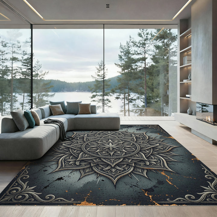 Elegant Black Gold Mandala Rug