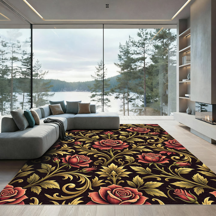 Rich Red Rose Foliage Flourish Rug