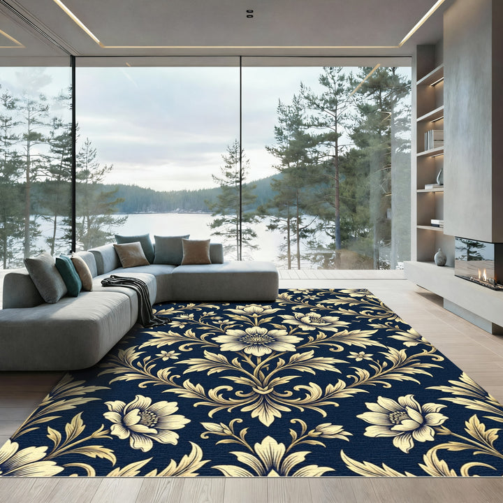Elegant Golden Floral Damask Rug