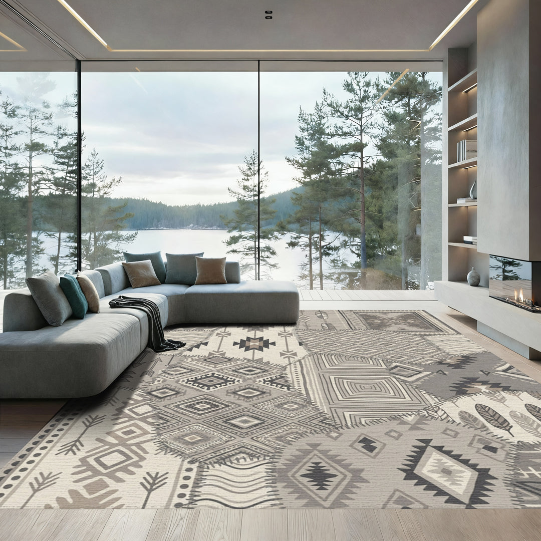 Neutral Patchwork Geometric Diamond Feather Rug