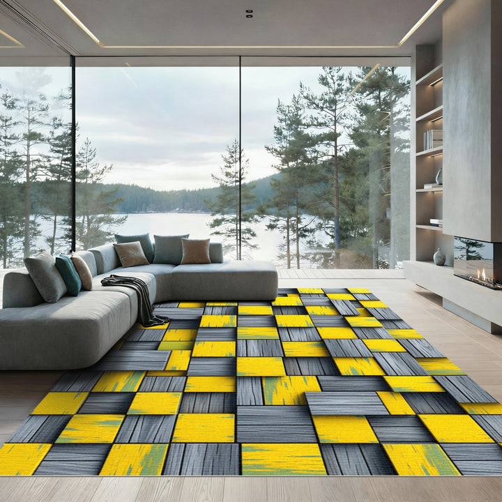 Geometric Yellow Gray Wood Terrain Rug