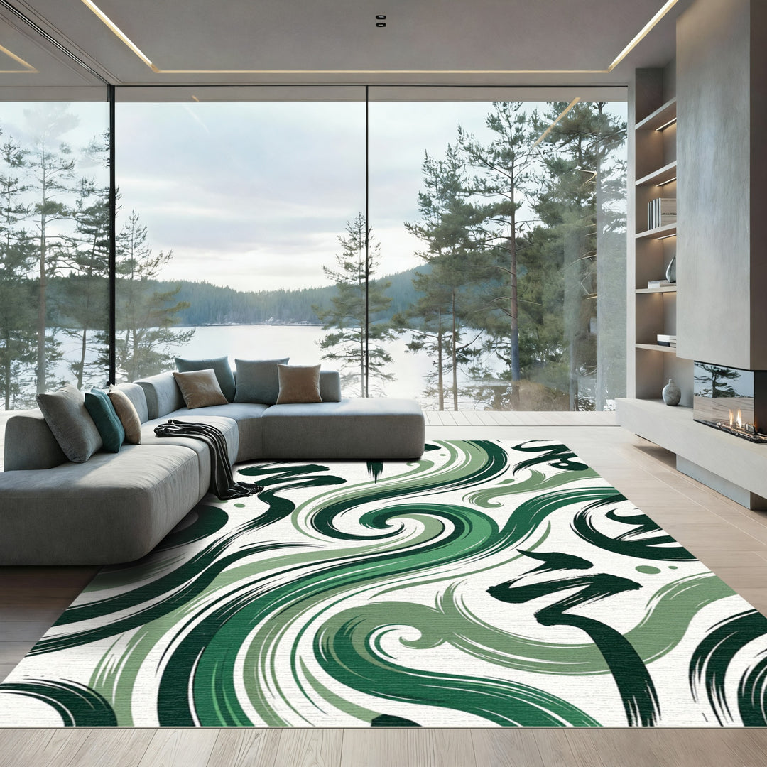 Brushstroke Ink Swirl Green Calligraphy Rug