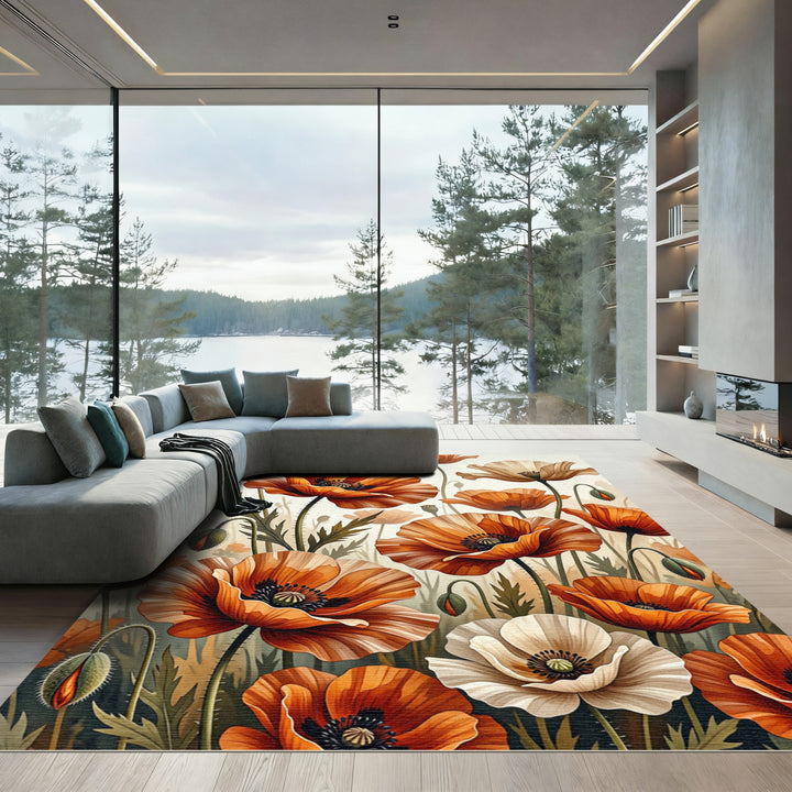 Vibrant Orange Poppy Field Bloom Rug