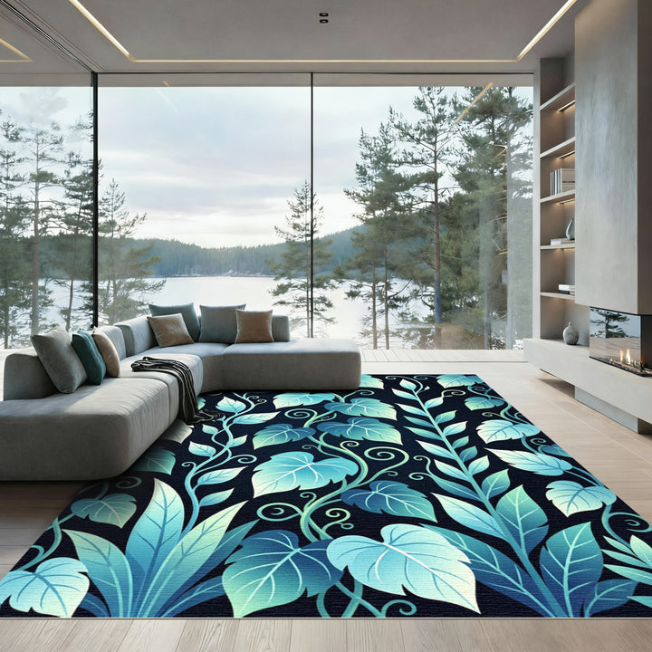 Ethereal Blue Leafy Vine Swirls Rug
