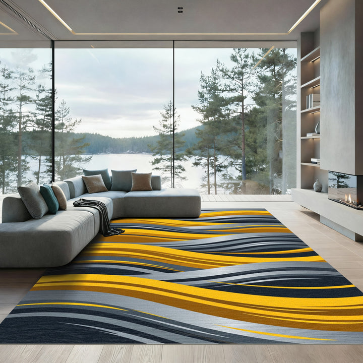 Modern Yellow Gray Wave Flow Rug