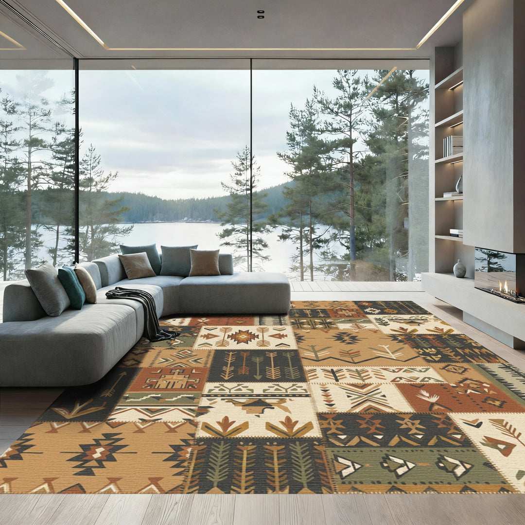 Earthy Boho Patchwork Arrow Medallion Rug