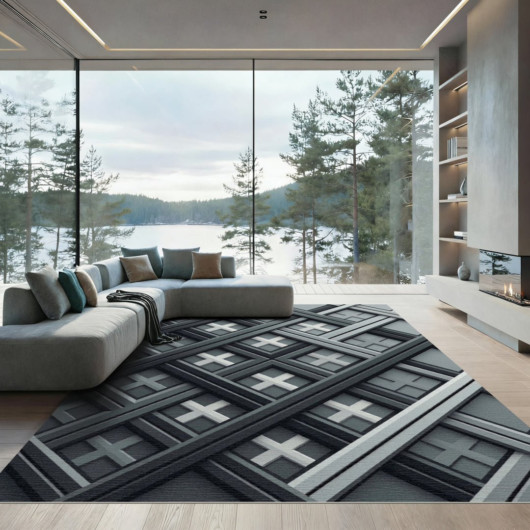 Grayscale Geometric Interlocking Square Rug