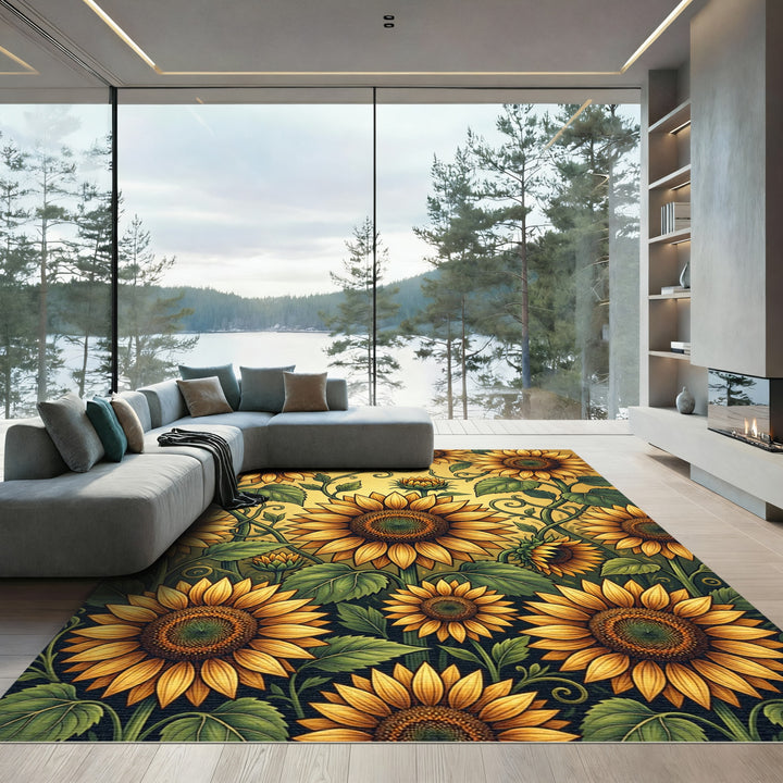 Golden Sunflowers Green Vines Rug