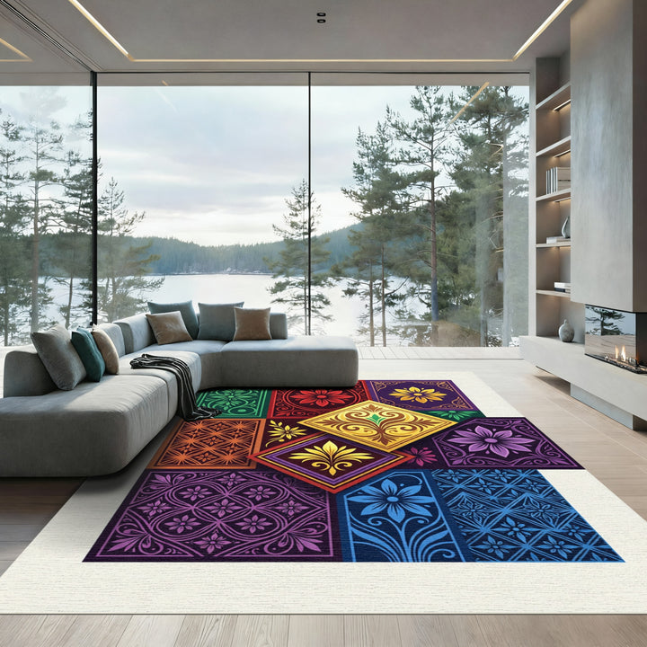 Vibrant Jewel Tone Floral Medallion Collage Rug