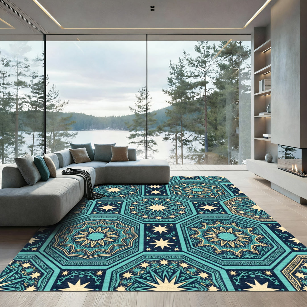 Teal Geometric Starburst Arabesque Medallion Rug