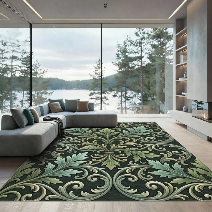 Verdant Green Leaf Scrollwork Damask Rug