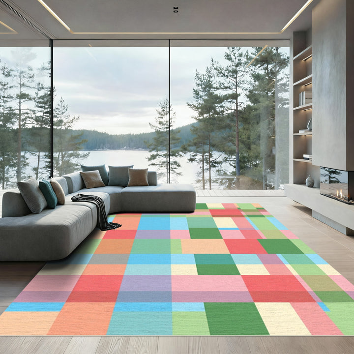 Pastel Plaid Geometric Color Block Rug