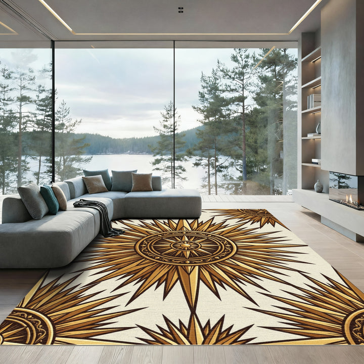 Golden Sunburst Compass Medallion Rug
